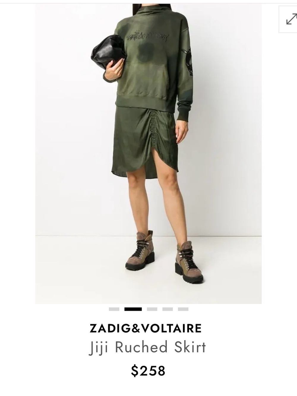 Zadig & Voltaire Olive Satin Ruched Midi Skirt